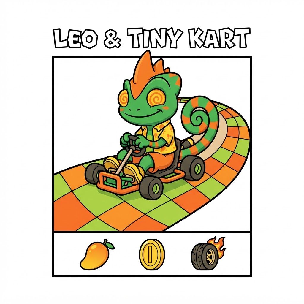 AI Design for Create a basic simple design with bold black lines vibrant colors simple shading minimal shading to be exact with this character driving in a small cart in slightly steering curving on a graphic design that similar to the Mario image it do not alternate his designer anything put it on the black background and make it really unique fun and do not and I repeat do not ultimately Leo's design it can smile closes mouth so as tongue isn't sticking out make a unique colorful fun and match the color scheme of the character do not alternate Leos design to change and do it exactly as is without any minor or minimal changes to the overall design keep it as is and do not change the design unless I completely specify you to and doubled and twice confirm do not change the design alright do not change it and also make the sign say Leo & tiny kart he has three spikes on top of his head and he does not have a crest just don't mess up his design thank you make the design simplistic and fun and replace the lower symbols with a mango a simple mango a simple coin and attire that's like burning hot but make all of these designs simple make it all fit in like a square box and just do not alternate his design make you look like as is on the photo which is with him sitting smiling and looking and also make him on the road that's kind of curved like his tail and his filled of like orange and green tiles