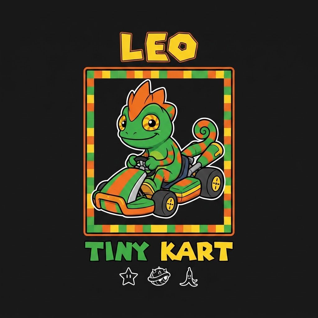 AI Design for Create a basic simple design with bold black lines vibrant colors simple shading minimal shading to be exact with this character driving in a small cart in slightly steering curving on a graphic design that similar to the Mario image it do not alternate his designer anything put it on the black background and make it really unique fun and do not and I repeat do not ultimately Leo's design it can smile closes mouth so as tongue isn't sticking out make a unique colorful fun and match the color scheme of the character do not alternate Leos design to change and do it exactly as is without any minor or minimal changes to the overall design keep it as is and do not change the design unless I completely specify you to and doubled and twice confirm do not change the design alright do not change it and also make the sign say Leo and tiny kart he has three spikes on top of his head and he does not have a crest just don't mess up his design thank you