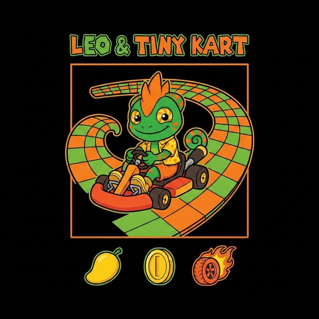 AI Design for Create a basic simple design with bold black lines vibrant colors simple shading minimal shading to be exact with this character driving in a small cart in slightly steering curving on a graphic design that similar to the Mario image it do not alternate his designer anything put it on the black background and make it really unique fun and do not and I repeat do not ultimately Leo's design it can smile closes mouth so as tongue isn't sticking out make a unique colorful fun and match the color scheme of the character do not alternate Leos design to change and do it exactly as is without any minor or minimal changes to the overall design keep it as is and do not change the design unless I completely specify you to and doubled and twice confirm do not change the design alright do not change it and also make the sign say Leo & tiny kart he has three spikes on top of his head and he does not have a crest just don't mess up his design thank you make the design simplistic and fun and replace the lower symbols with a mango a simple mango a simple coin and attire that's like burning hot but make all of these designs simple make it all fit in like a square box and just do not alternate his design make you look like as is on the photo which is with him sitting smiling and looking and also make him on the road that's kind of curved like his tail and his filled of like orange and green tiles