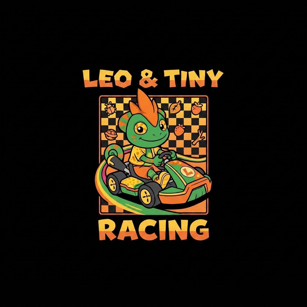 AI Design for Fixius Design remove the rainbow road and all for the letter sign of the kart replace it with an l uppercase l and put to Design on Black background put design on black background no shirt just design fix the too horns a bit and make design clearer and put Leo & Tiny on too of bkx and at bottom says Racing