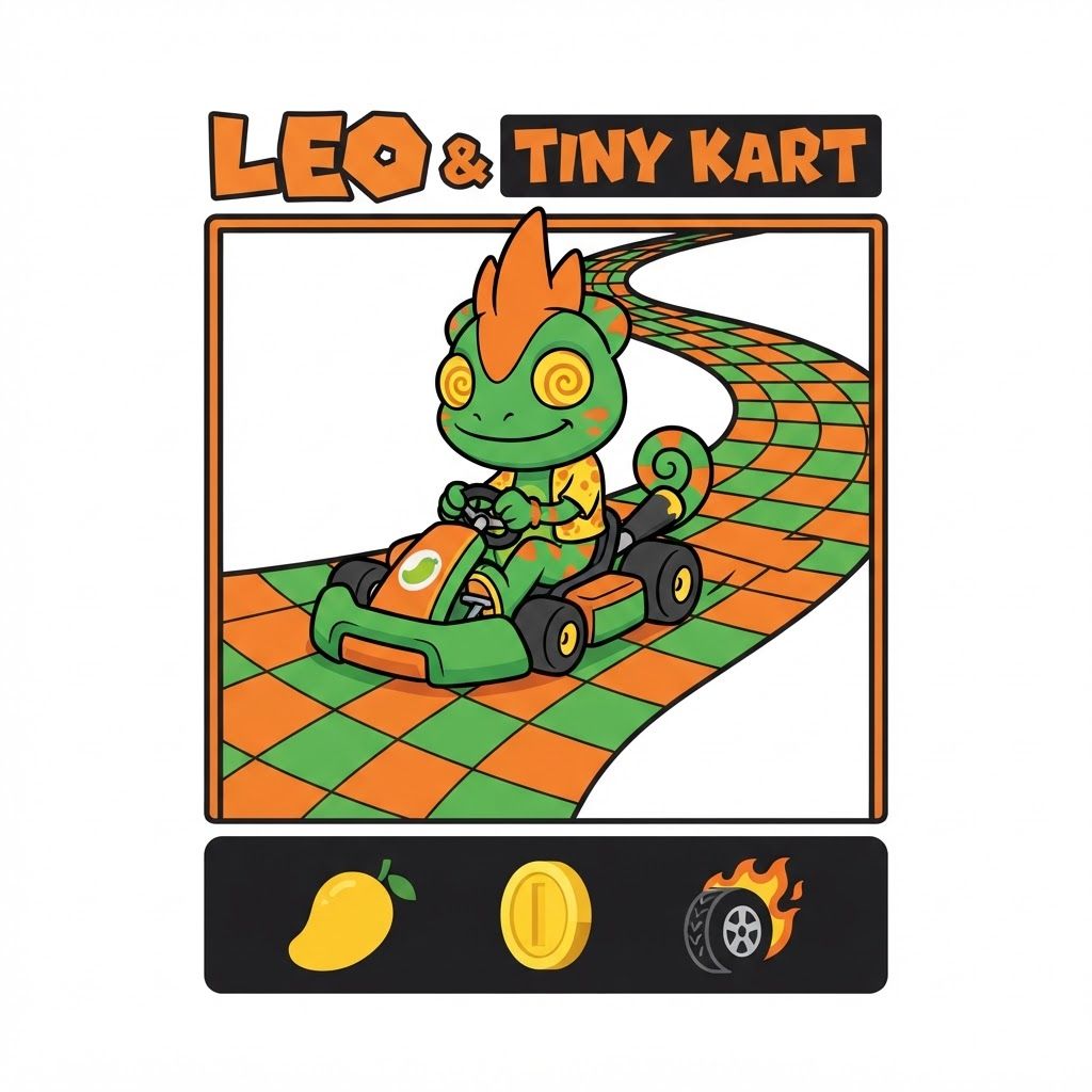 AI Design for Create a basic simple design with bold black lines vibrant colors simple shading minimal shading to be exact with this character driving in a small cart in slightly steering curving on a graphic design that similar to the Mario image it do not alternate his designer anything put it on the black background and make it really unique fun and do not and I repeat do not ultimately Leo's design it can smile closes mouth so as tongue isn't sticking out make a unique colorful fun and match the color scheme of the character do not alternate Leos design to change and do it exactly as is without any minor or minimal changes to the overall design keep it as is and do not change the design unless I completely specify you to and doubled and twice confirm do not change the design alright do not change it and also make the sign say Leo & tiny kart he has three spikes on top of his head and he does not have a crest just don't mess up his design thank you make the design simplistic and fun and replace the lower symbols with a mango a simple mango a simple coin and attire that's like burning hot but make all of these designs simple make it all fit in like a square box and just do not alternate his design make you look like as is on the photo which is with him sitting smiling and looking and also make him on the road that's kind of curved like his tail and his filled of like orange and green tiles
