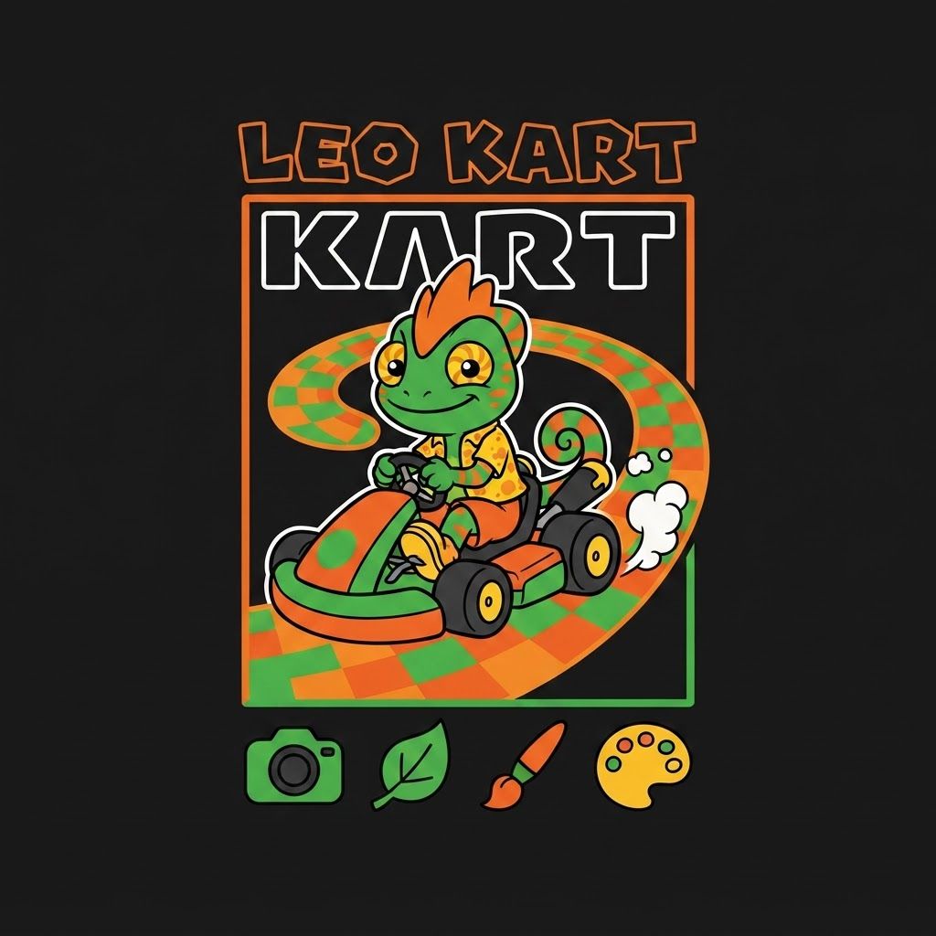 AI Design for Create a basic simple design with bold black lines vibrant colors simple shading minimal shading to be exact with this character driving in a small cart in slightly steering curving on a graphic design that similar to the Mario image it do not alternate his designer anything put it on the black background and make it really unique fun and do not and I repeat do not ultimately Leo's design it can smile closes mouth so as tongue isn't sticking out make a unique colorful fun and match the color scheme of the character do not alternate Leos design to change and do it exactly as is without any minor or minimal changes to the overall design keep it as is and do not change the design unless I completely specify you to and doubled and twice confirm do not change the design alright do not change it