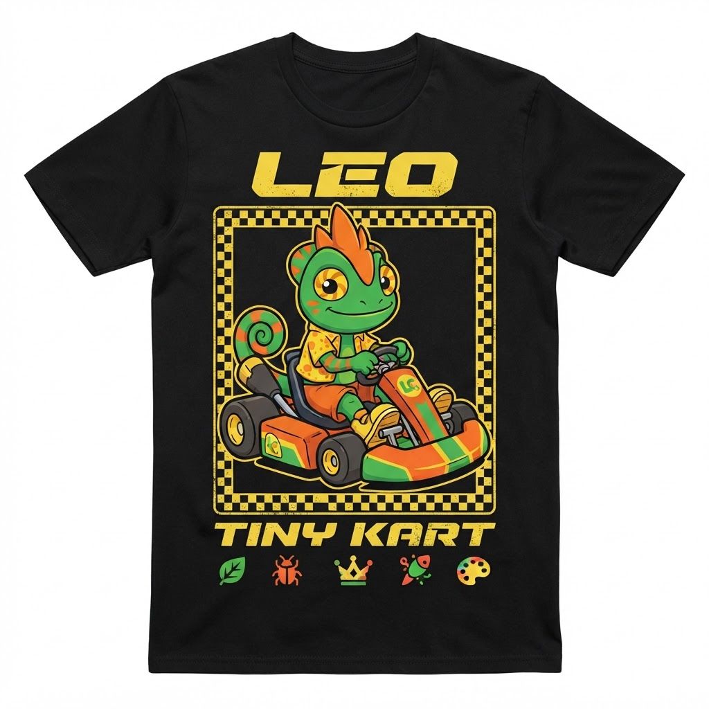 AI Design for Create a basic simple design with bold black lines vibrant colors simple shading minimal shading to be exact with this character driving in a small cart in slightly steering curving on a graphic design that similar to the Mario image it do not alternate his designer anything put it on the black background and make it really unique fun and do not and I repeat do not ultimately Leo's design it can smile closes mouth so as tongue isn't sticking out make a unique colorful fun and match the color scheme of the character do not alternate Leos design to change and do it exactly as is without any minor or minimal changes to the overall design keep it as is and do not change the design unless I completely specify you to and doubled and twice confirm do not change the design alright do not change it and also make the sign say Leo and tiny kart he has three spikes on top of his head and he does not have a crest just don't mess up his design thank you