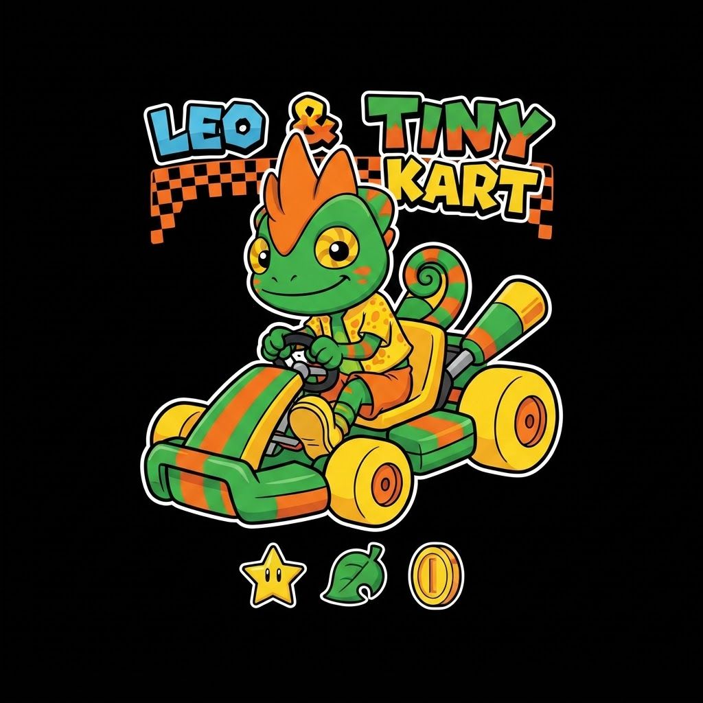 AI Design for Create a basic simple design with bold black lines vibrant colors simple shading minimal shading to be exact with this character driving in a small cart in slightly steering curving on a graphic design that similar to the Mario image it do not alternate his designer anything put it on the black background and make it really unique fun and do not and I repeat do not ultimately Leo's design it can smile closes mouth so as tongue isn't sticking out make a unique colorful fun and match the color scheme of the character do not alternate Leos design to change and do it exactly as is without any minor or minimal changes to the overall design keep it as is and do not change the design unless I completely specify you to and doubled and twice confirm do not change the design alright do not change it and also make the sign say Leo & tiny kart he has three spikes on top of his head and he does not have a crest just don't mess up his design thank you
