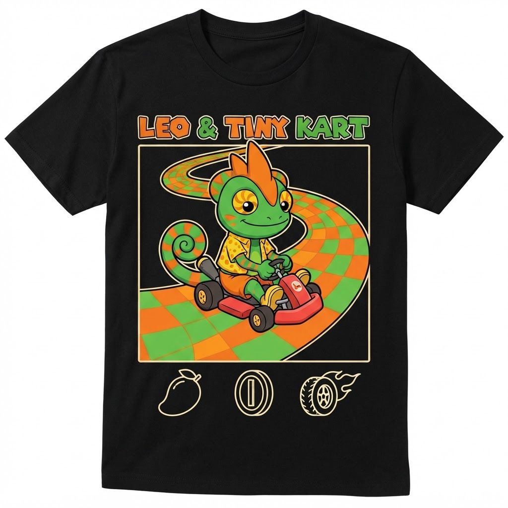 AI Design for Create a basic simple design with bold black lines vibrant colors simple shading minimal shading to be exact with this character driving in a small cart in slightly steering curving on a graphic design that similar to the Mario image it do not alternate his designer anything put it on the black background and make it really unique fun and do not and I repeat do not ultimately Leo's design it can smile closes mouth so as tongue isn't sticking out make a unique colorful fun and match the color scheme of the character do not alternate Leos design to change and do it exactly as is without any minor or minimal changes to the overall design keep it as is and do not change the design unless I completely specify you to and doubled and twice confirm do not change the design alright do not change it and also make the sign say Leo & tiny kart he has three spikes on top of his head and he does not have a crest just don't mess up his design thank you make the design simplistic and fun and replace the lower symbols with a mango a simple mango a simple coin and attire that's like burning hot but make all of these designs simple make it all fit in like a square box and just do not alternate his design make you look like as is on the photo which is with him sitting smiling and looking and also make him on the road that's kind of curved like his tail and his filled of like orange and green tiles