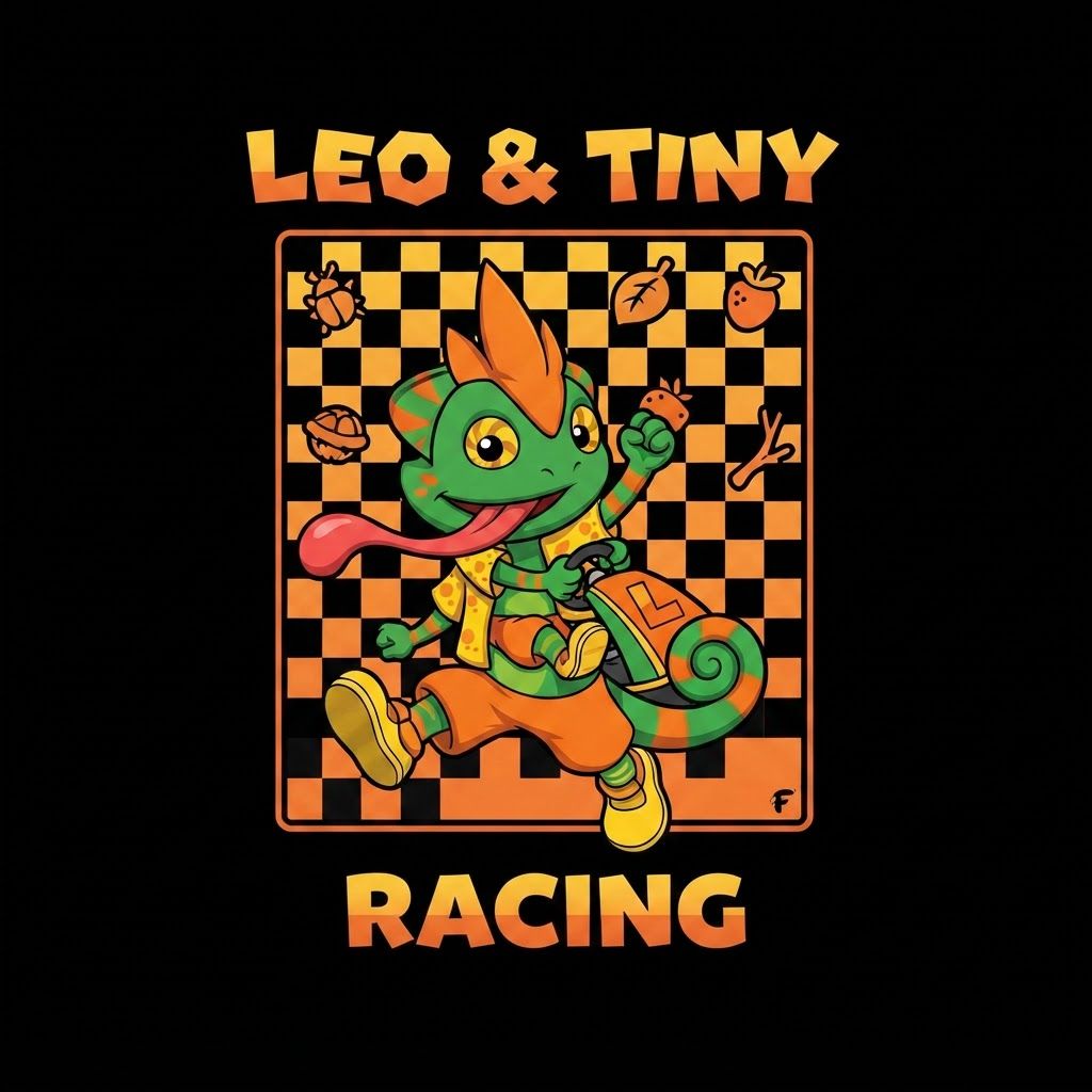 AI Design for Fixius Design remove the rainbow road and all for the letter sign of the kart replace it with an l uppercase l and put to Design on Black background put design on black background no shirt just design fix the too horns a bit and make design clearer and put Leo & Tiny on too of bkx and at bottom says Racing
