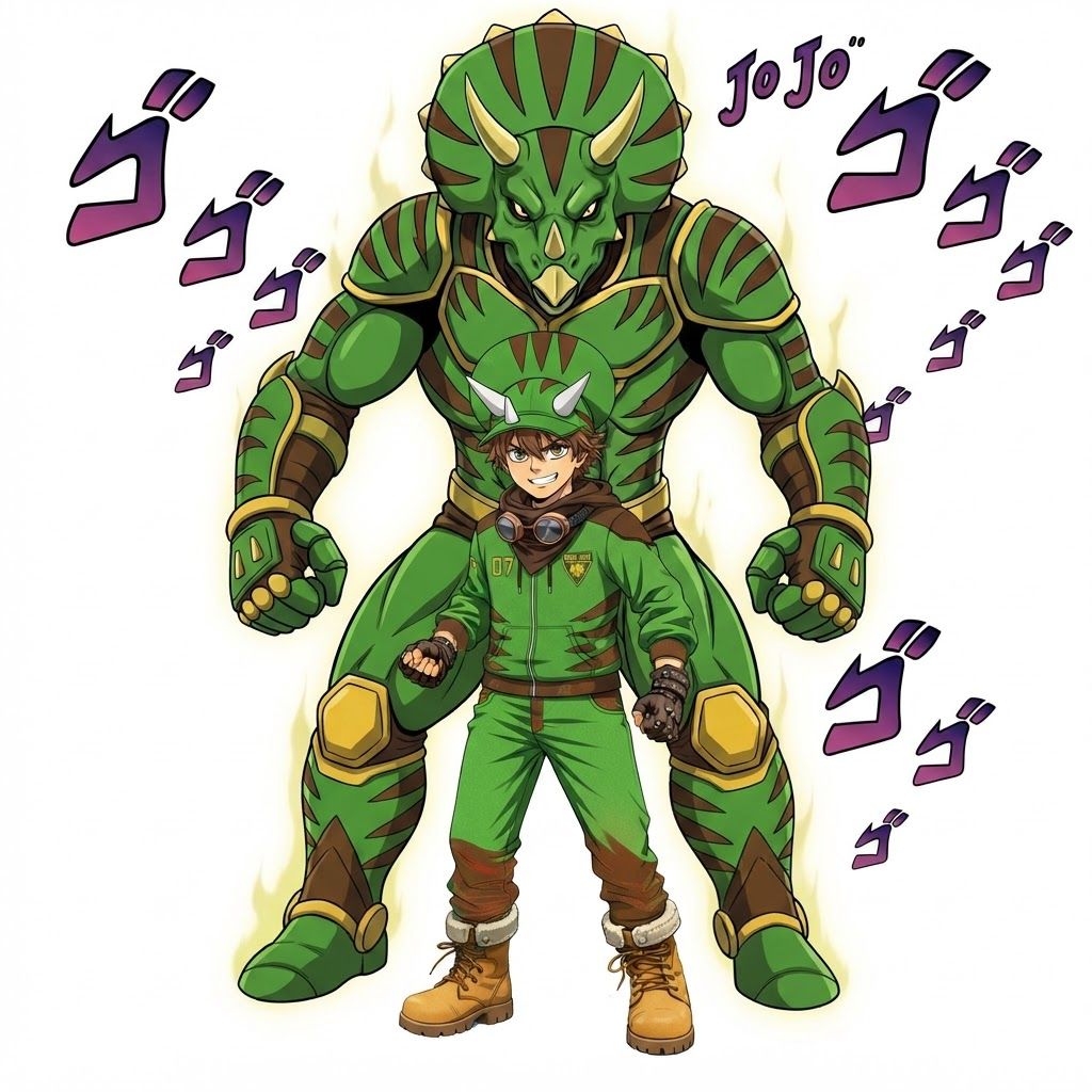 AI Design for Make boy tall hot teen but make dino behind him taller like the other character but instead of the outfit I just want his like posture and height