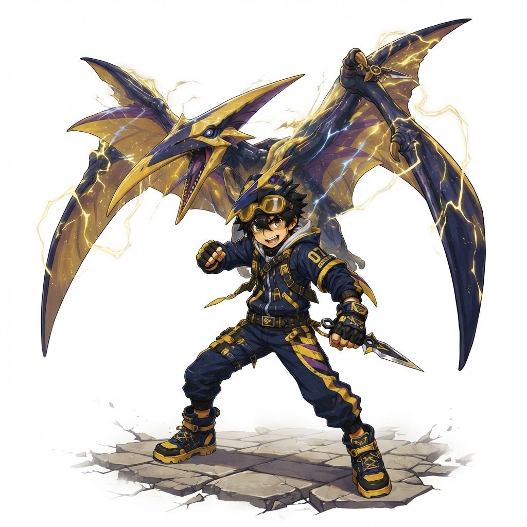 AI Design for Do an image of this character with his dinosaur behind him was extreming and doing like a battle ready pose on a white background with no text