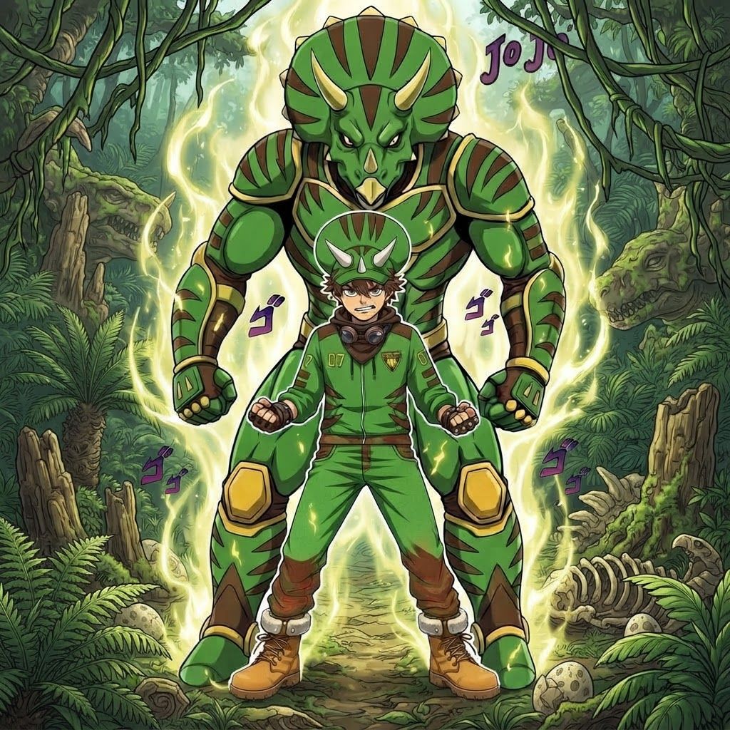 AI Design for The boy and his dinosaur character that's always behind him stand this in this like dinosaur themed jungle and he's like super powerful and all like this green yellowish aura around him