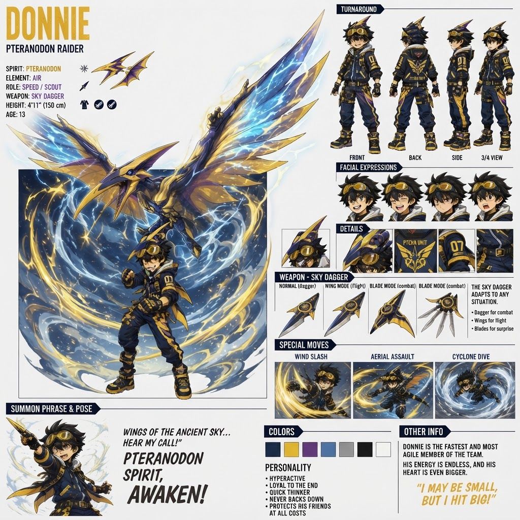 AI Design for Absolutely — here’s a clean prompt you can use once image generation is available again:
> Create a character design sheet for Donnie, the Pteranodon Raider, using the uploaded Donnie reference image as the primary design reference. Keep the same anime/manga character-art style, clean white background, bold readable shapes, vibrant colors, and polished proportions as the other Dino Raiders.
Donnie is a 13-year-old boy, shorter and more compact than the rest of the team, with messy black hair, energetic expression, and his signature golden aviation goggles. His outfit should remain a navy-blue Raider uniform with bright gold/yellow accents, with subtle purple details. Keep the recognizable Raider hoodie/jacket structure, dinosaur-inspired patches, gloves, boots, straps, and practical adventure gear, but keep everything clean and not overly complicated.
His Pteranodon helmet/headpiece should clearly resemble a Pteranodon: a long pointed beak, recognizable crest, navy-blue base, and gold/yellow markings. Make it look like a cool wearable dinosaur-themed helmet rather than a generic bird helmet.
Main pose: Donnie stands confidently underneath his enormous summoned Pteranodon Spirit, looking upward or slightly toward the viewer with one hand raised. The Pteranodon should spread its massive wings above and behind him, creating a powerful silhouette. It should feel like an ancient dinosaur guardian made from glowing elemental energy, with swirling wind, sparks, and luminous blue/gold energy around its body.
The Pteranodon Spirit should look majestic, powerful, and distinctly prehistoric, with accurate Pteranodon anatomy, a large crest, long beak, huge wings, and strong proportions. Give it glowing eyes and energy flowing along the wings, but don't make it monstrous or overly armored.
Add a dramatic “SPIRIT AWAKEN” feeling around the summon: wind spirals, floating particles, streaks of energy, and a bright aura behind the dinosaur. Donnie should look small compared with the Spirit to emphasize how enormous his companion is.
Include the Sky Dagger somewhere in the composition, either in Donnie's hand or attached to his gear, with its transforming wing/blade design visible.
Important: Keep the overall presentation consistent with the existing Diego, Alex, and Donnie Raider sheets: anime character illustration, clean white background, crisp linework, vibrant but controlled colors, expressive face, cool action pose, and NOT photorealistic or hyper-realistic. Avoid excessive armor, excessive mechanical details, or overly complicated costume designs.