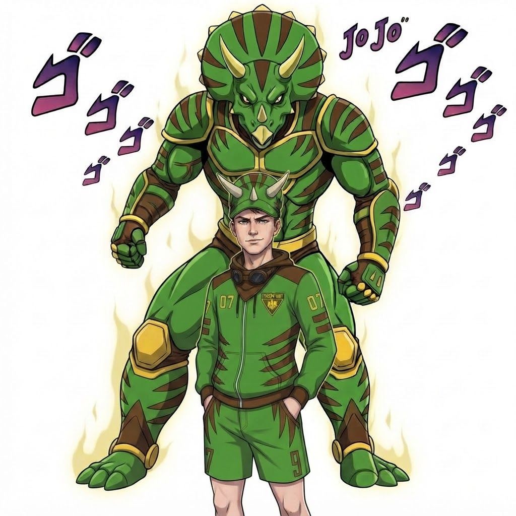 AI Design for Make boy tall hot teen but make dino behind him taller