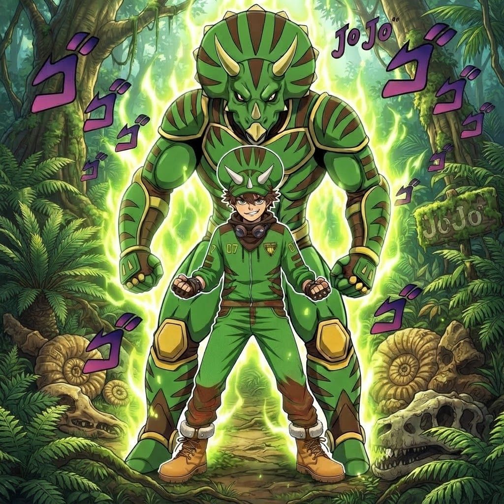 AI Design for The boy and his dinosaur character that's always behind him stand this in this like dinosaur themed jungle and he's like super powerful and all like this green yellowish aura around him