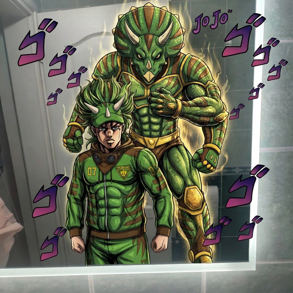 AI Design for Make the character taller like the boy and making more muscular and kind of get him slightly longer hair make him taller much taller and muscular like an anime character in this anime art style BOY TALL AND MUSCULAR JOJOS ART STYLE