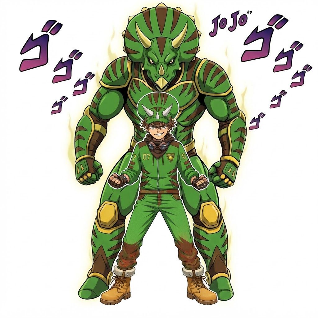 AI Design for Make boy tall hot teen but make dino behind him taller like the other character but instead of the outfit I just want his like posture and height