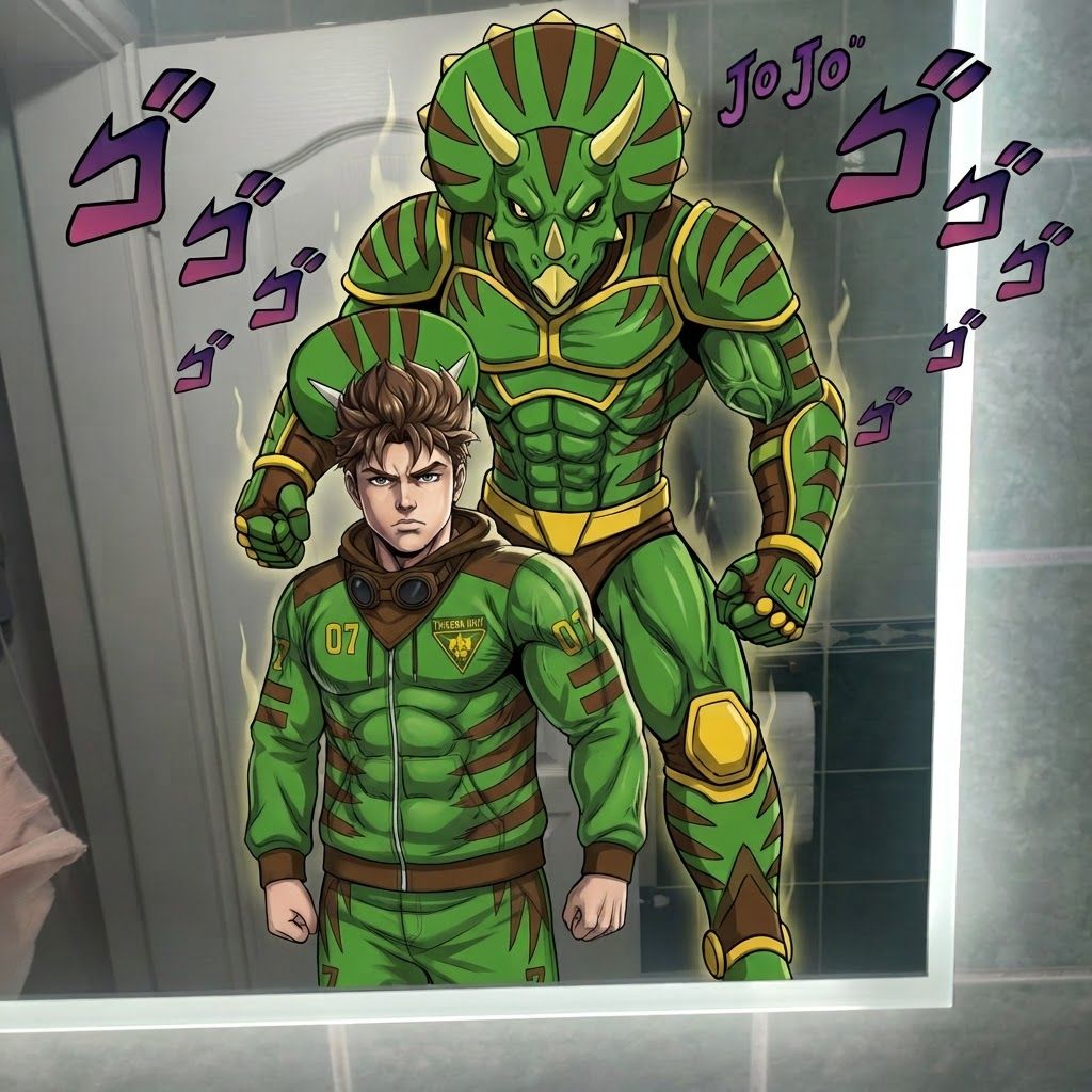 AI Design for Make the character taller like the boy and making more muscular and kind of get him slightly longer hair make him taller much taller and muscular like an anime character in this anime art style BOY TALL AND MUSCULAR JOJOS ART STYLE