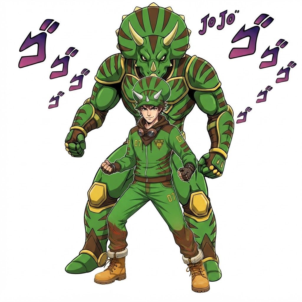 AI Design for Make boy tall hot teen but make dino behind him taller like the other character but instead of the outfit I just want his like posture and height