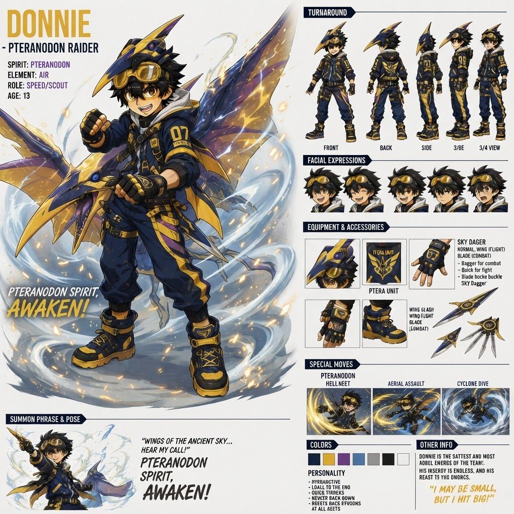 AI Design for Absolutely — here’s a clean prompt you can use once image generation is available again:
> Create a character design sheet for Donnie, the Pteranodon Raider, using the uploaded Donnie reference image as the primary design reference. Keep the same anime/manga character-art style, clean white background, bold readable shapes, vibrant colors, and polished proportions as the other Dino Raiders.
Donnie is a 13-year-old boy, shorter and more compact than the rest of the team, with messy black hair, energetic expression, and his signature golden aviation goggles. His outfit should remain a navy-blue Raider uniform with bright gold/yellow accents, with subtle purple details. Keep the recognizable Raider hoodie/jacket structure, dinosaur-inspired patches, gloves, boots, straps, and practical adventure gear, but keep everything clean and not overly complicated.
His Pteranodon helmet/headpiece should clearly resemble a Pteranodon: a long pointed beak, recognizable crest, navy-blue base, and gold/yellow markings. Make it look like a cool wearable dinosaur-themed helmet rather than a generic bird helmet.
Main pose: Donnie stands confidently underneath his enormous summoned Pteranodon Spirit, looking upward or slightly toward the viewer with one hand raised. The Pteranodon should spread its massive wings above and behind him, creating a powerful silhouette. It should feel like an ancient dinosaur guardian made from glowing elemental energy, with swirling wind, sparks, and luminous blue/gold energy around its body.
The Pteranodon Spirit should look majestic, powerful, and distinctly prehistoric, with accurate Pteranodon anatomy, a large crest, long beak, huge wings, and strong proportions. Give it glowing eyes and energy flowing along the wings, but don't make it monstrous or overly armored.
Add a dramatic “SPIRIT AWAKEN” feeling around the summon: wind spirals, floating particles, streaks of energy, and a bright aura behind the dinosaur. Donnie should look small compared with the Spirit to emphasize how enormous his companion is.
Include the Sky Dagger somewhere in the composition, either in Donnie's hand or attached to his gear, with its transforming wing/blade design visible.
Important: Keep the overall presentation consistent with the existing Diego, Alex, and Donnie Raider sheets: anime character illustration, clean white background, crisp linework, vibrant but controlled colors, expressive face, cool action pose, and NOT photorealistic or hyper-realistic. Avoid excessive armor, excessive mechanical details, or overly complicated costume designs.