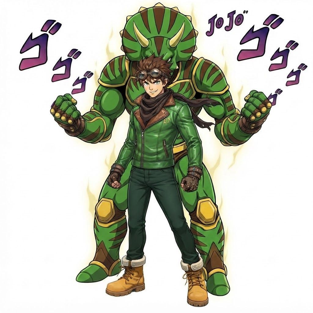 AI Design for Make boy tall hot teen but make dino behind him taller like the other character but instead of the outfit I just want his like posture and height