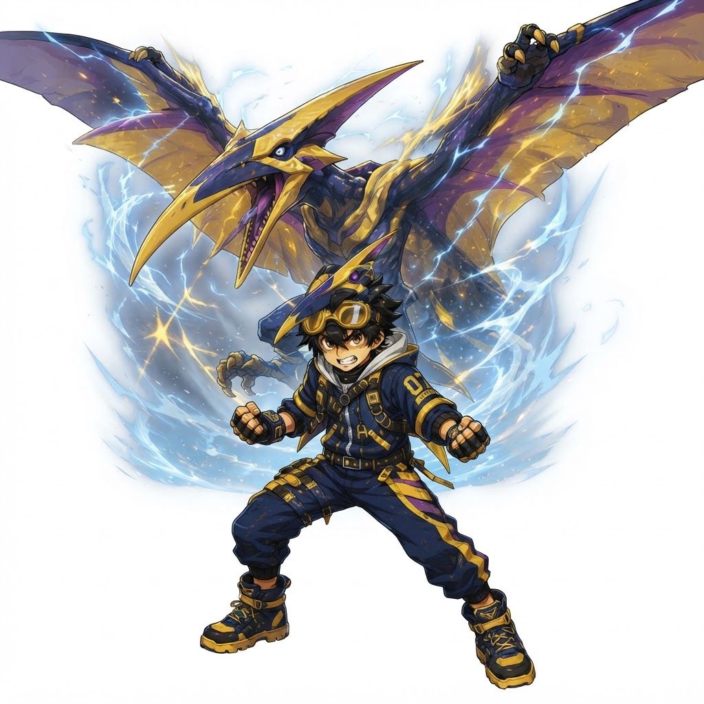 AI Design for Do an image of this character with his dinosaur behind him was extreming and doing like a battle ready pose on a white background with no text