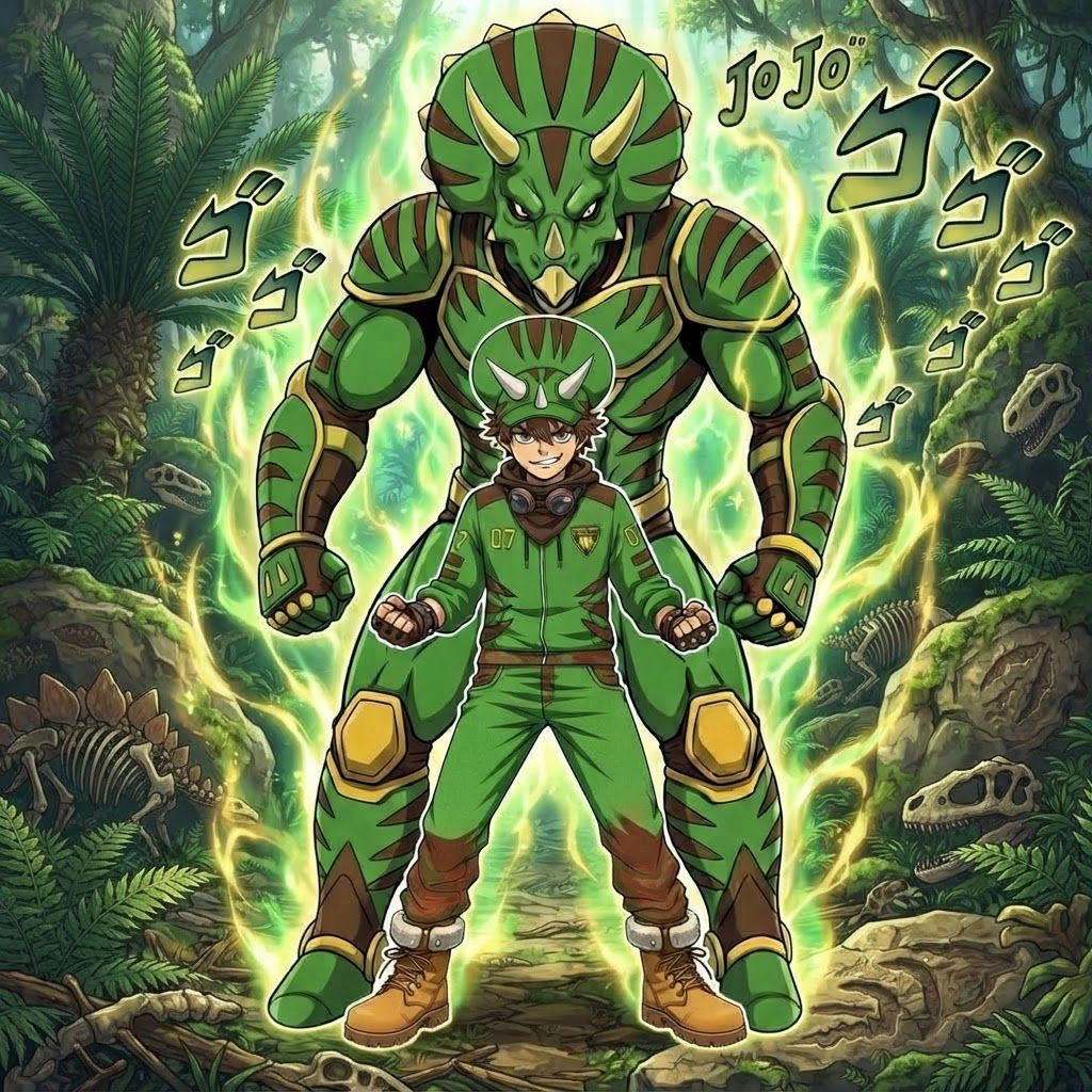AI Design for The boy and his dinosaur character that's always behind him stand this in this like dinosaur themed jungle and he's like super powerful and all like this green yellowish aura around him