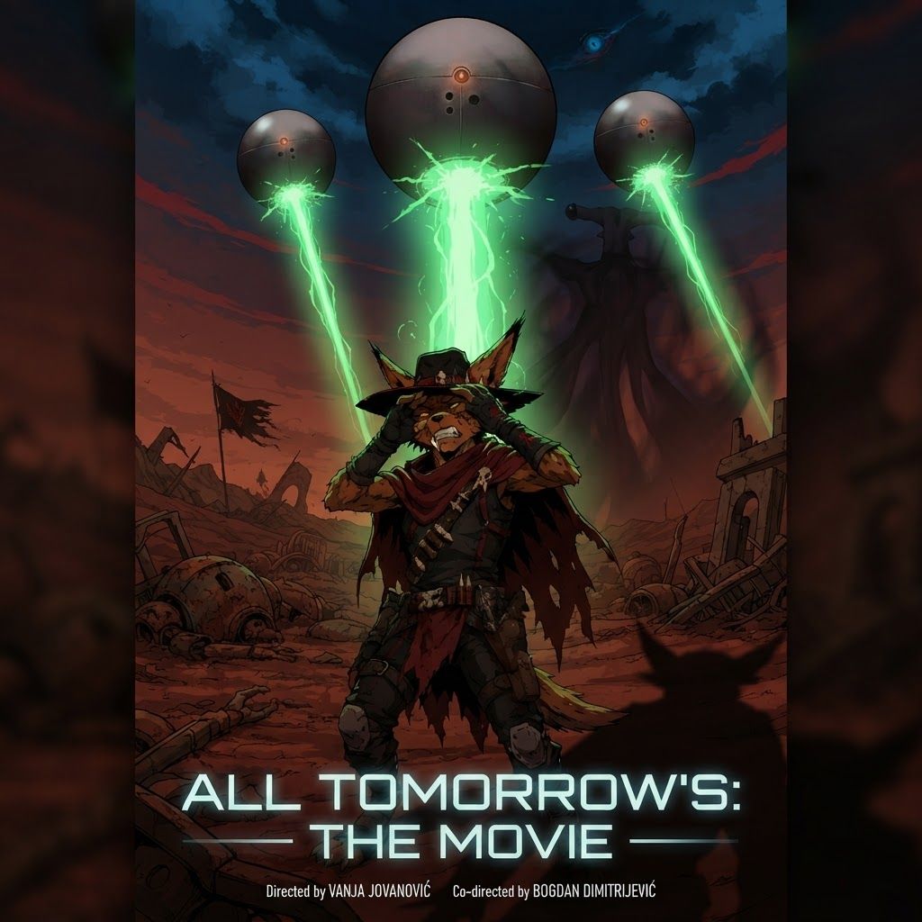 AI Design for I want to poster for a movie with this like modern sleek sci-fi text that says all tomorrow's the movie with the bug character turning the qu being in the background with a subtle dark shadow and the killer Focus the wolf character is being blinded by a green light or aura by three of the large spherical mechanical balls named gravitols whether only three of them and in the setting we are in it's like this red brown Mars planet like orange too and I have like a lot of fallen machines and stuff like that with like a red sky with some blue and black details and the Shadow and the corner and it's very cool and it's directed by Vanja Jovanović amd co-director Bogdan Dimitrijević make the three sphere gravitols the largest one in the middle and then the two smaller ones on the side they're going to be on top of the screen because it's like a nine by 16 ratio in dimensions with the guy being blinded and the alien which would kind of be like a black shadow blending in in the corner