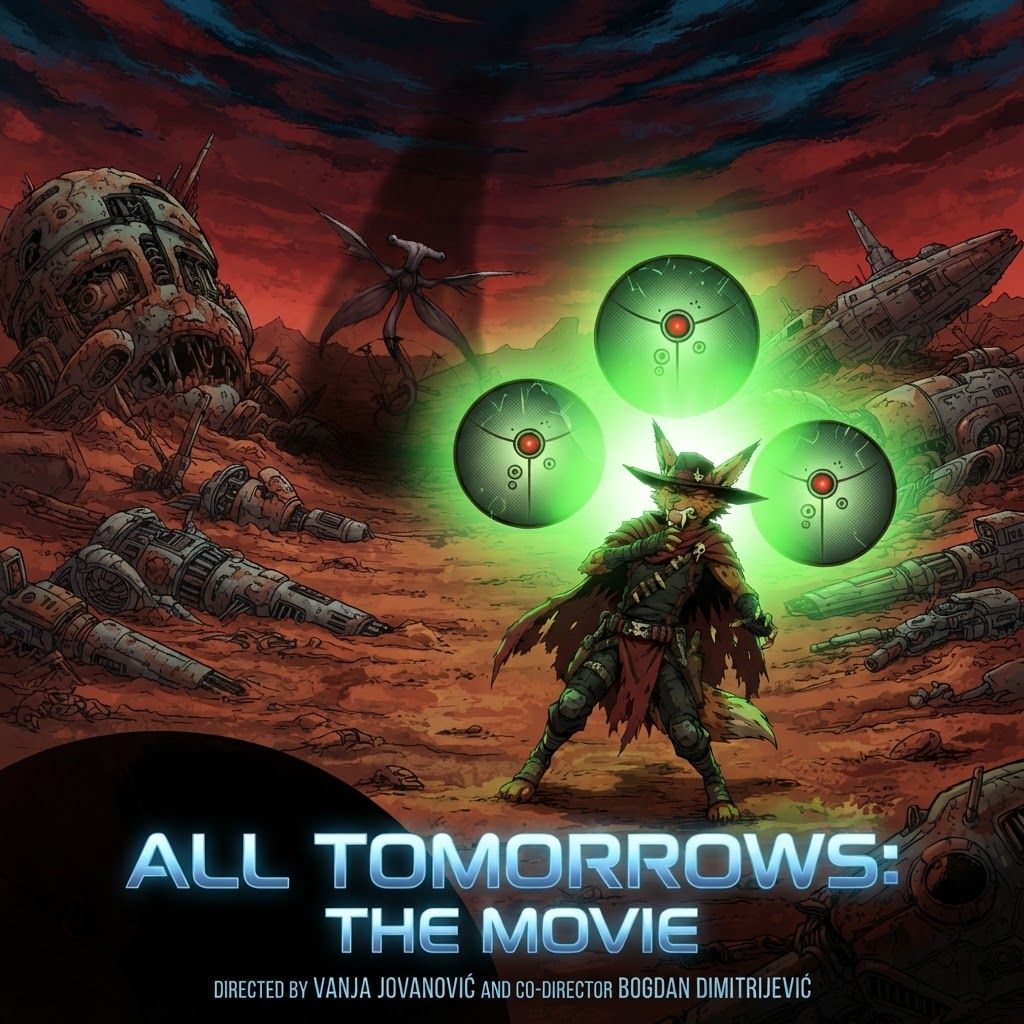 AI Design for I want to poster for a movie with this like modern sleek sci-fi text that says all tomorrow's the movie with the bug character turning the qu being in the background with a subtle dark shadow and the killer Focus the wolf character is being blinded by a green light or aura by three of the large spherical mechanical balls named gravitols whether only three of them and in the setting we are in it's like this red brown Mars planet like orange too and I have like a lot of fallen machines and stuff like that with like a red sky with some blue and black details and the Shadow and the corner and it's very cool and it's directed by Vanja Jovanović amd co-director Bogdan Dimitrijević