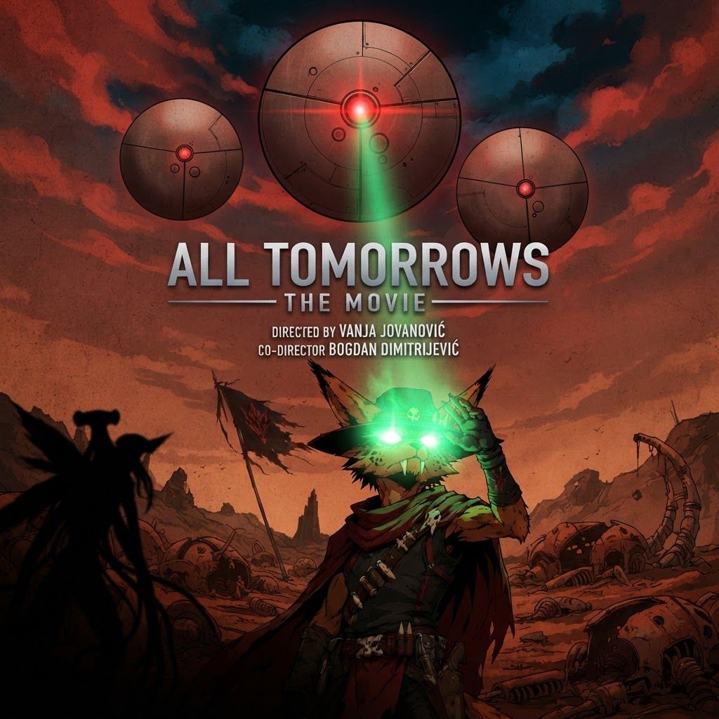 AI Design for I want to poster for a movie with this like modern sleek sci-fi text that says all tomorrow's the movie with the bug character turning the qu being in the background with a subtle dark shadow and the killer Focus the wolf character is being blinded by a green light or aura by three of the large spherical mechanical balls named gravitols whether only three of them and in the setting we are in it's like this red brown Mars planet like orange too and I have like a lot of fallen machines and stuff like that with like a red sky with some blue and black details and the Shadow and the corner and it's very cool and it's directed by Vanja Jovanović amd co-director Bogdan Dimitrijević make the three sphere gravitols the largest one in the middle and then the two smaller ones on the side they're going to be on top of the screen because it's like a nine by 16 ratio in dimensions with the guy being blinded and the alien which would kind of be like a black shadow blending in in the corner