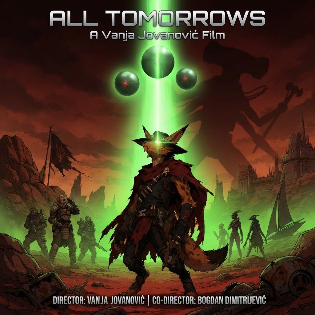 AI Design for Design a futuristic sci-fi movie poster with the wolf character in the center looking above being blinded by a green light which is being showed by the mechanical balls with the red eyes and they're giving off a Green Glow on this sci-fi war red Mars like planet and then all the characters by the side and then the queue the the bug villain looking thing is kind of being represented by via shadow but it's visible yet slightly hinting towards the bigger picture and with like sci-fi text it's all tomorrow's the movie subtitle you know like the movie is like the subtitle and the movie is made by like the director is Vanja Jovanović and co-director Bogdan Dimitrijević