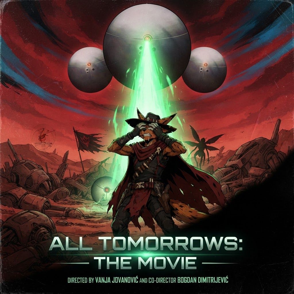 AI Design for I want to poster for a movie with this like modern sleek sci-fi text that says all tomorrow's the movie with the bug character turning the qu being in the background with a subtle dark shadow and the killer Focus the wolf character is being blinded by a green light or aura by three of the large spherical mechanical balls named gravitols whether only three of them and in the setting we are in it's like this red brown Mars planet like orange too and I have like a lot of fallen machines and stuff like that with like a red sky with some blue and black details and the Shadow and the corner and it's very cool and it's directed by Vanja Jovanović amd co-director Bogdan Dimitrijević make the three sphere gravitols the largest one in the middle and then the two smaller ones on the side they're going to be on top of the screen because it's like a nine by 16 ratio in dimensions with the guy being blinded and the alien which would kind of be like a black shadow blending in in the corner