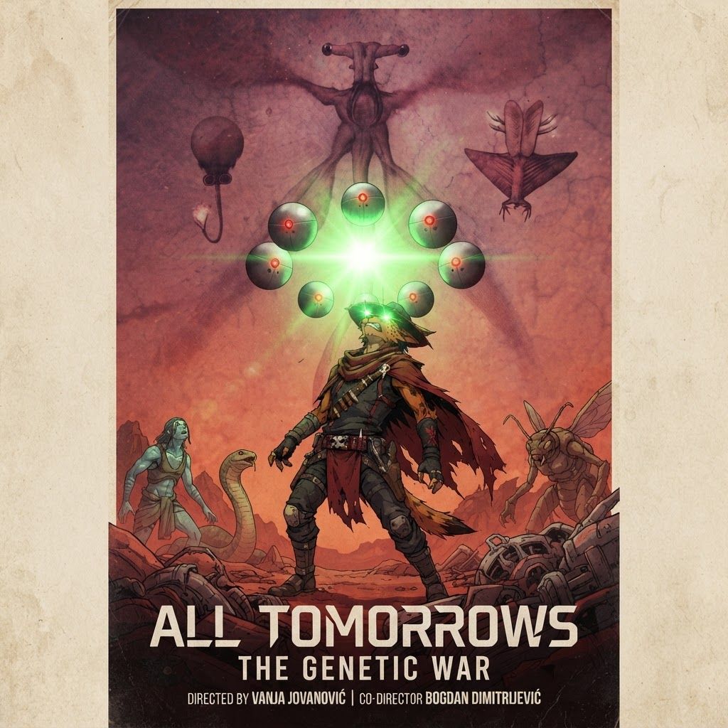 AI Design for Design a futuristic sci-fi movie poster with the wolf character in the center looking above being blinded by a green light which is being showed by the mechanical balls with the red eyes and they're giving off a Green Glow on this sci-fi war red Mars like planet and then all the characters by the side and then the queue the the bug villain looking thing is kind of being represented by via shadow but it's visible yet slightly hinting towards the bigger picture and with like sci-fi text it's all tomorrow's the movie subtitle you know like the movie is like the subtitle and the movie is made by like the director is Vanja Jovanović and co-director Bogdan Dimitrijević