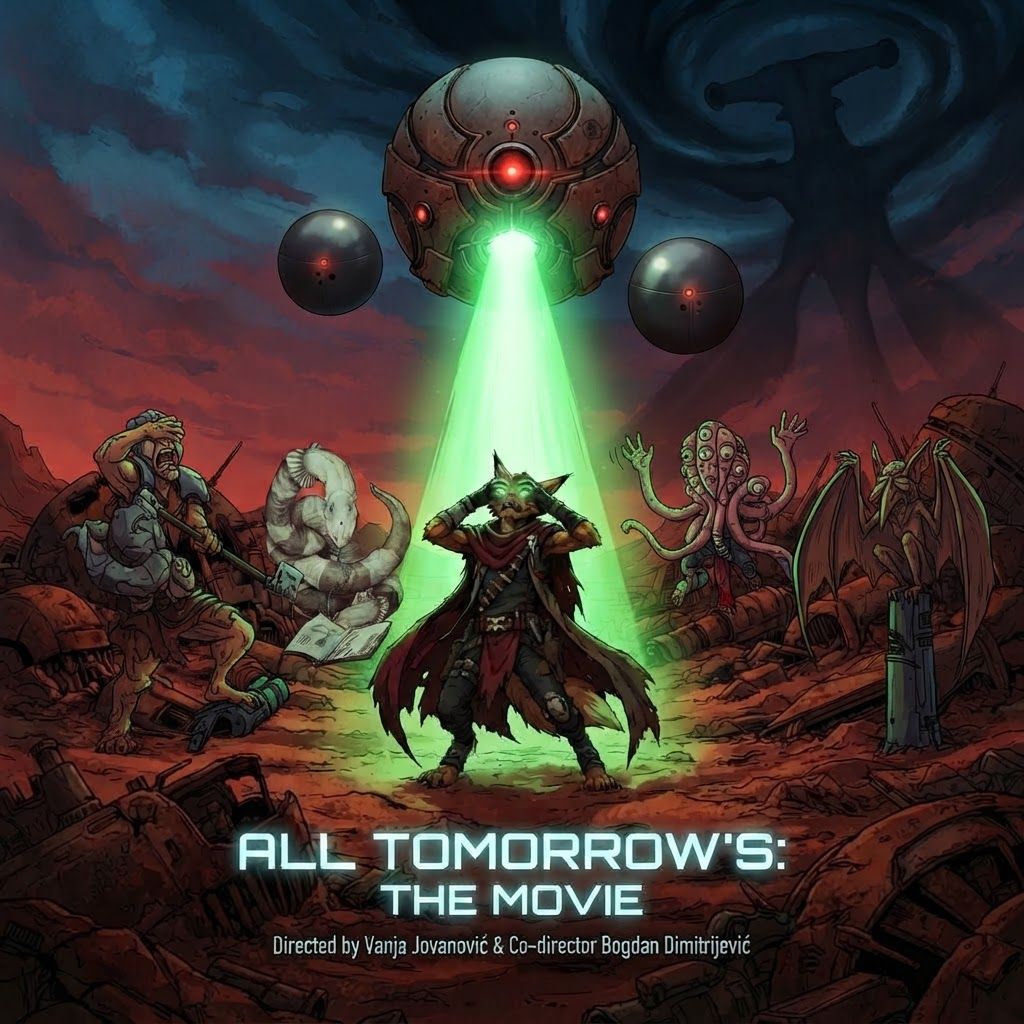 AI Design for How do these side characters on the poster add them also being blinded by the green laser but instead of them looking at the robot like in despair they're more of trying to fight against it in our confused on what it is