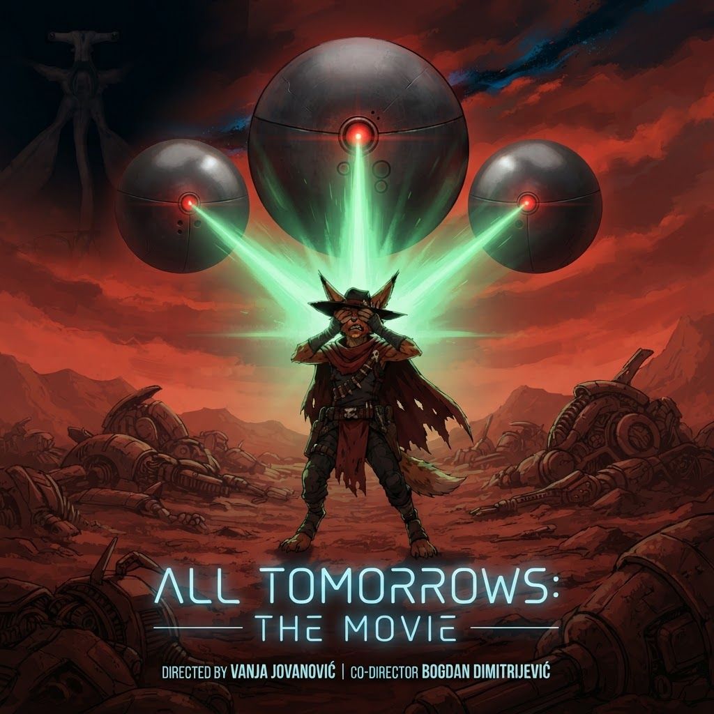 AI Design for I want to poster for a movie with this like modern sleek sci-fi text that says all tomorrow's the movie with the bug character turning the qu being in the background with a subtle dark shadow and the killer Focus the wolf character is being blinded by a green light or aura by three of the large spherical mechanical balls named gravitols whether only three of them and in the setting we are in it's like this red brown Mars planet like orange too and I have like a lot of fallen machines and stuff like that with like a red sky with some blue and black details and the Shadow and the corner and it's very cool and it's directed by Vanja Jovanović amd co-director Bogdan Dimitrijević make the three sphere gravitols the largest one in the middle and then the two smaller ones on the side they're going to be on top of the screen because it's like a nine by 16 ratio in dimensions with the guy being blinded and the alien which would kind of be like a black shadow blending in in the corner