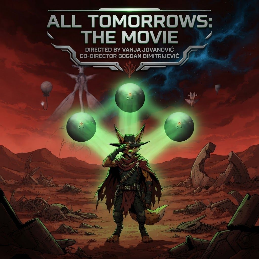 AI Design for I want to poster for a movie with this like modern sleek sci-fi text that says all tomorrow's the movie with the bug character turning the qu being in the background with a subtle dark shadow and the killer Focus the wolf character is being blinded by a green light or aura by three of the large spherical mechanical balls named gravitols whether only three of them and in the setting we are in it's like this red brown Mars planet like orange too and I have like a lot of fallen machines and stuff like that with like a red sky with some blue and black details and the Shadow and the corner and it's very cool and it's directed by Vanja Jovanović amd co-director Bogdan Dimitrijević