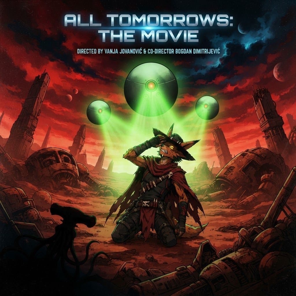 AI Design for I want to poster for a movie with this like modern sleek sci-fi text that says all tomorrow's the movie with the bug character turning the qu being in the background with a subtle dark shadow and the killer Focus the wolf character is being blinded by a green light or aura by three of the large spherical mechanical balls named gravitols whether only three of them and in the setting we are in it's like this red brown Mars planet like orange too and I have like a lot of fallen machines and stuff like that with like a red sky with some blue and black details and the Shadow and the corner and it's very cool and it's directed by Vanja Jovanović amd co-director Bogdan Dimitrijević make the three sphere gravitols the largest one in the middle and then the two smaller ones on the side they're going to be on top of the screen because it's like a nine by 16 ratio in dimensions with the guy being blinded and the alien which would kind of be like a black shadow blending in in the corner