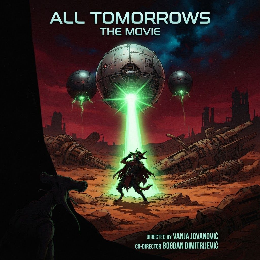 AI Design for I want to poster for a movie with this like modern sleek sci-fi text that says all tomorrow's the movie with the bug character turning the qu being in the background with a subtle dark shadow and the killer Focus the wolf character is being blinded by a green light or aura by three of the large spherical mechanical balls named gravitols whether only three of them and in the setting we are in it's like this red brown Mars planet like orange too and I have like a lot of fallen machines and stuff like that with like a red sky with some blue and black details and the Shadow and the corner and it's very cool and it's directed by Vanja Jovanović amd co-director Bogdan Dimitrijević make the three sphere gravitols the largest one in the middle and then the two smaller ones on the side they're going to be on top of the screen because it's like a nine by 16 ratio in dimensions with the guy being blinded and the alien which would kind of be like a black shadow blending in in the corner