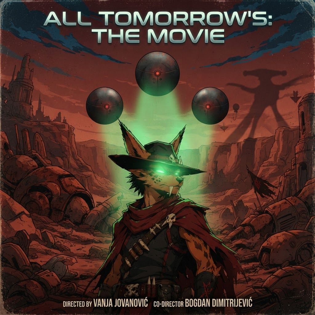 AI Design for I want to poster for a movie with this like modern sleek sci-fi text that says all tomorrow's the movie with the bug character turning the qu being in the background with a subtle dark shadow and the killer Focus the wolf character is being blinded by a green light or aura by three of the large spherical mechanical balls named gravitols whether only three of them and in the setting we are in it's like this red brown Mars planet like orange too and I have like a lot of fallen machines and stuff like that with like a red sky with some blue and black details and the Shadow and the corner and it's very cool and it's directed by Vanja Jovanović amd co-director Bogdan Dimitrijević
