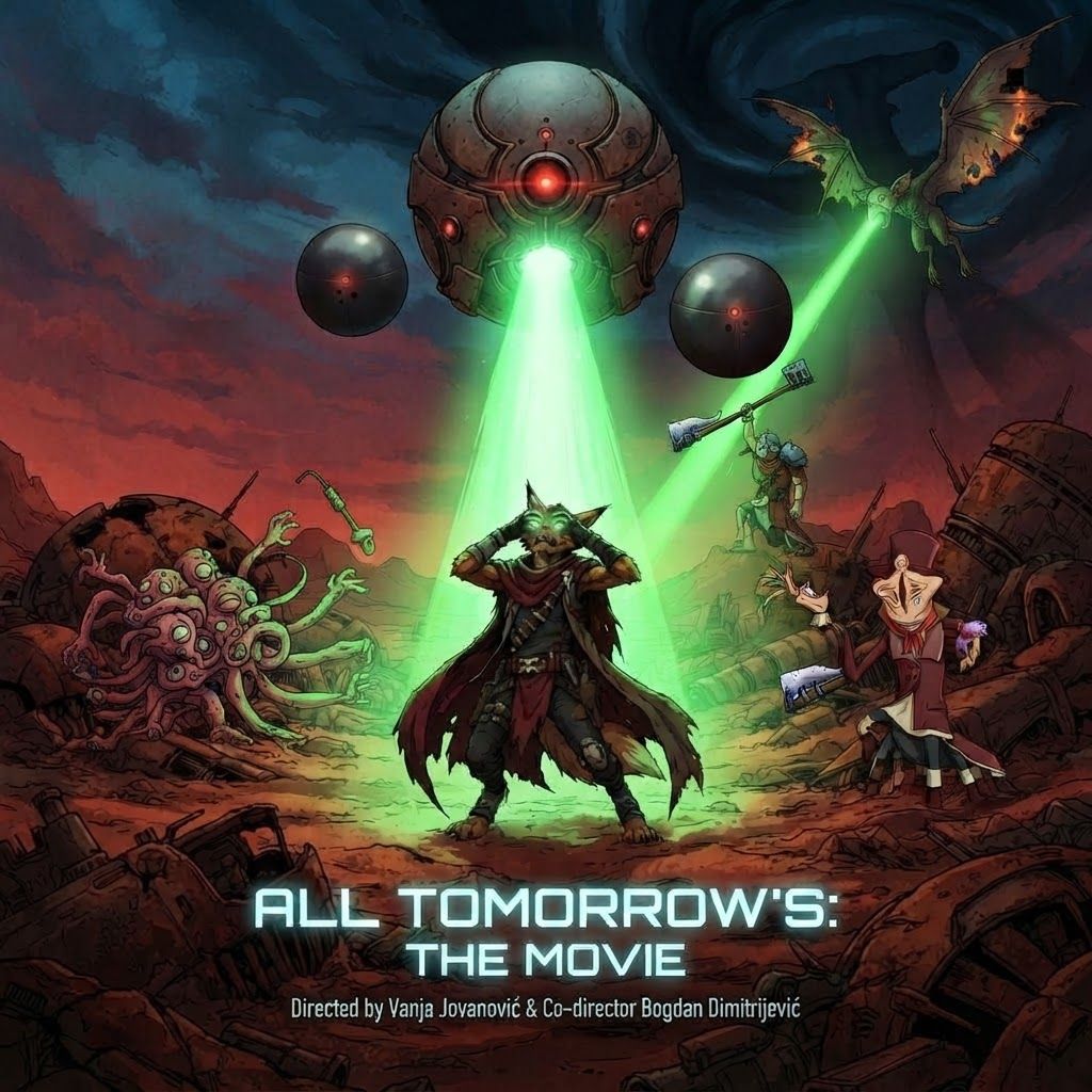 AI Design for How do these side characters on the poster add them also being blinded by the green laser but instead of them looking at the robot like in despair they're more of trying to fight against it in our confused on what it is