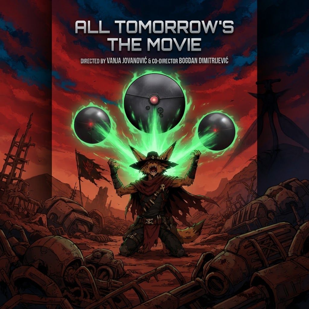 AI Design for I want to poster for a movie with this like modern sleek sci-fi text that says all tomorrow's the movie with the bug character turning the qu being in the background with a subtle dark shadow and the killer Focus the wolf character is being blinded by a green light or aura by three of the large spherical mechanical balls named gravitols whether only three of them and in the setting we are in it's like this red brown Mars planet like orange too and I have like a lot of fallen machines and stuff like that with like a red sky with some blue and black details and the Shadow and the corner and it's very cool and it's directed by Vanja Jovanović amd co-director Bogdan Dimitrijević make the three sphere gravitols the largest one in the middle and then the two smaller ones on the side they're going to be on top of the screen because it's like a nine by 16 ratio in dimensions with the guy being blinded and the alien which would kind of be like a black shadow blending in in the corner