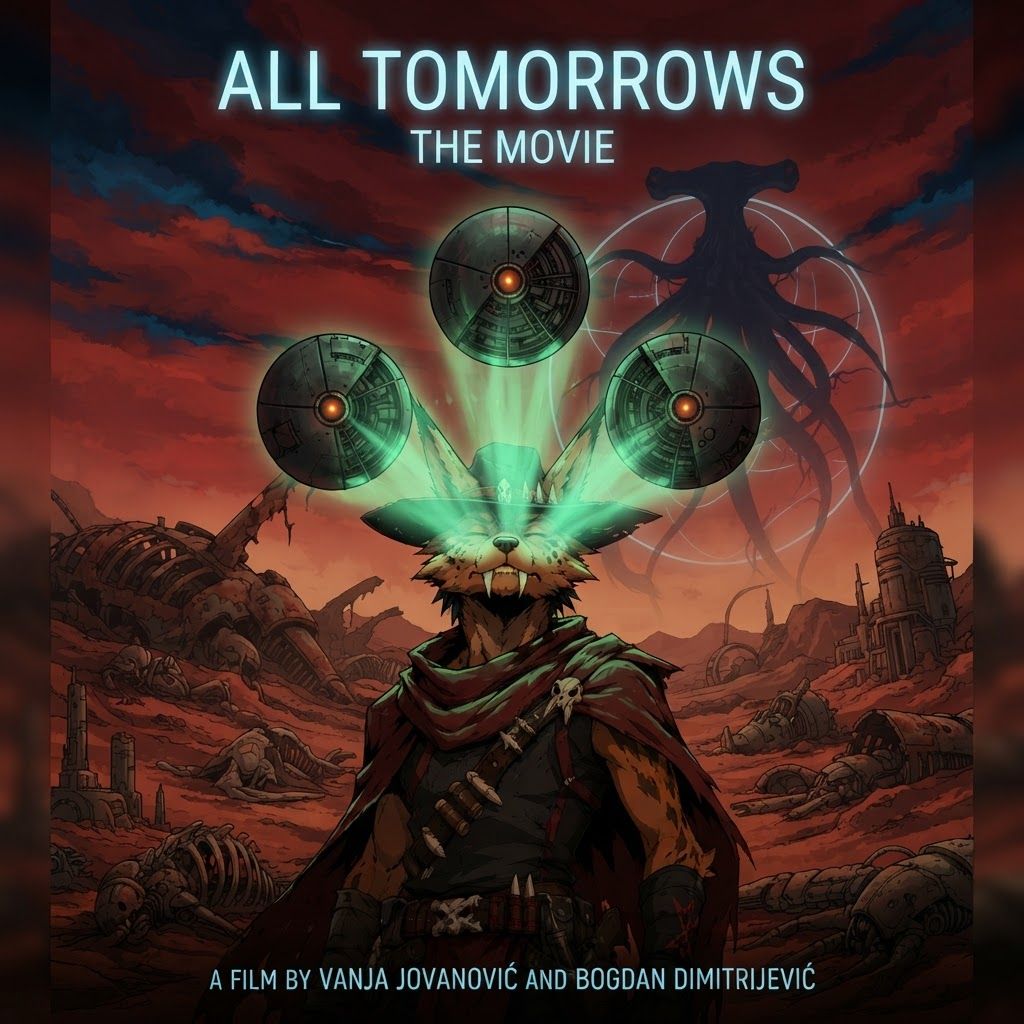AI Design for I want to poster for a movie with this like modern sleek sci-fi text that says all tomorrow's the movie with the bug character turning the qu being in the background with a subtle dark shadow and the killer Focus the wolf character is being blinded by a green light or aura by three of the large spherical mechanical balls named gravitols whether only three of them and in the setting we are in it's like this red brown Mars planet like orange too and I have like a lot of fallen machines and stuff like that with like a red sky with some blue and black details and the Shadow and the corner and it's very cool and it's directed by Vanja Jovanović amd co-director Bogdan Dimitrijević