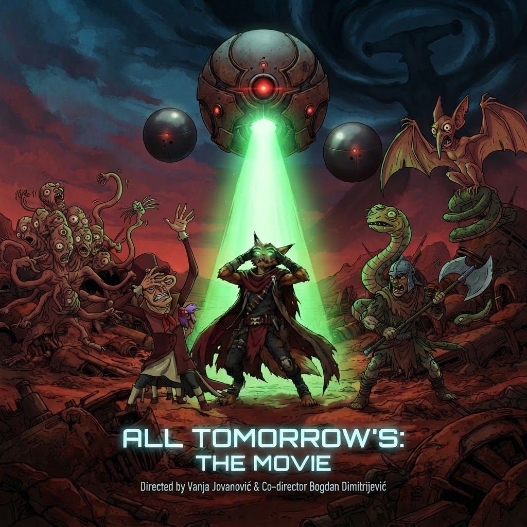AI Design for How do these side characters on the poster add them also being blinded by the green laser but instead of them looking at the robot like in despair they're more of trying to fight against it in our confused on what it is