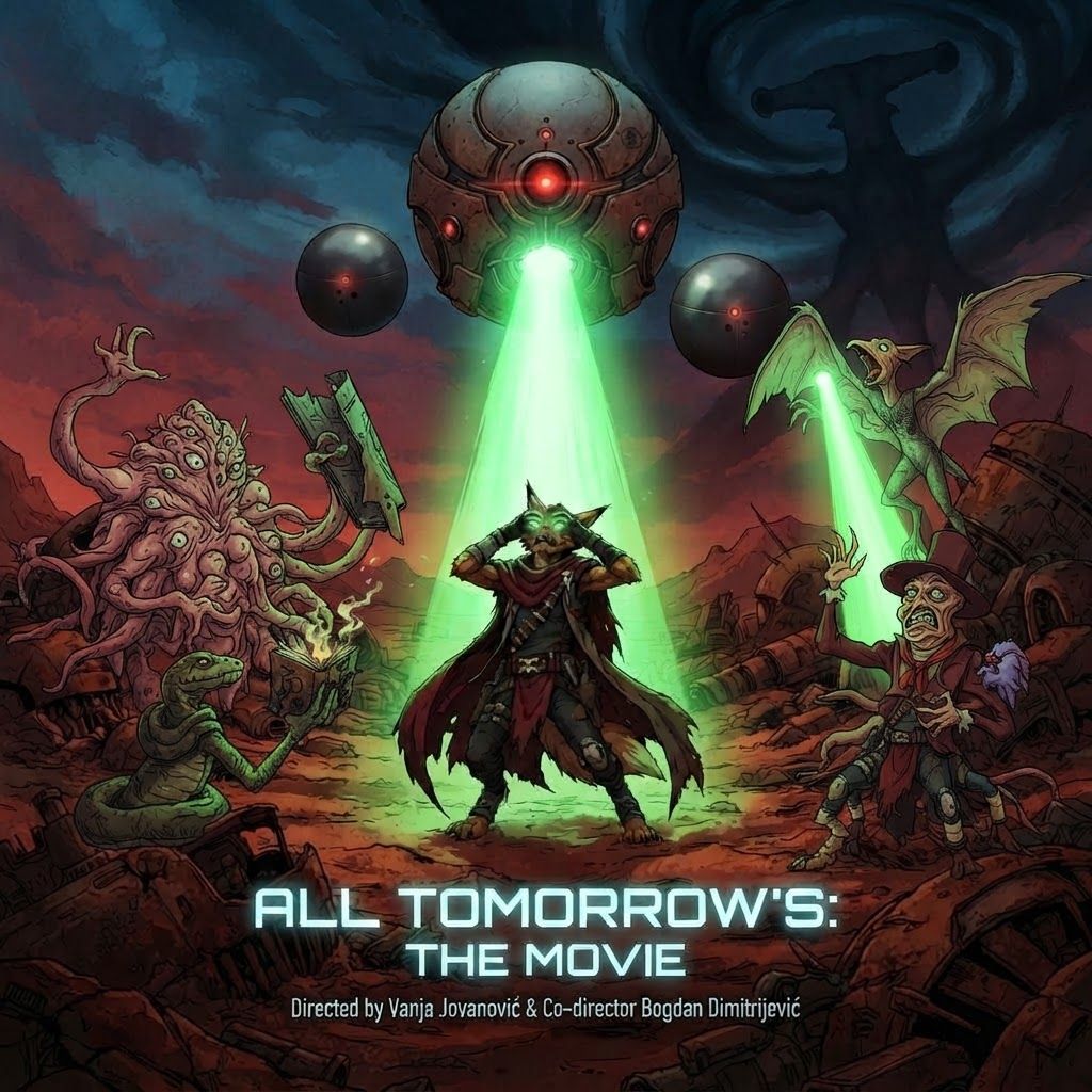 AI Design for How do these side characters on the poster add them also being blinded by the green laser but instead of them looking at the robot like in despair they're more of trying to fight against it in our confused on what it is
