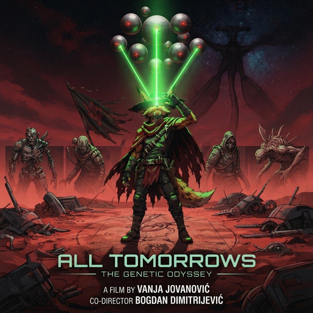 AI Design for Design a futuristic sci-fi movie poster with the wolf character in the center looking above being blinded by a green light which is being showed by the mechanical balls with the red eyes and they're giving off a Green Glow on this sci-fi war red Mars like planet and then all the characters by the side and then the queue the the bug villain looking thing is kind of being represented by via shadow but it's visible yet slightly hinting towards the bigger picture and with like sci-fi text it's all tomorrow's the movie subtitle you know like the movie is like the subtitle and the movie is made by like the director is Vanja Jovanović and co-director Bogdan Dimitrijević