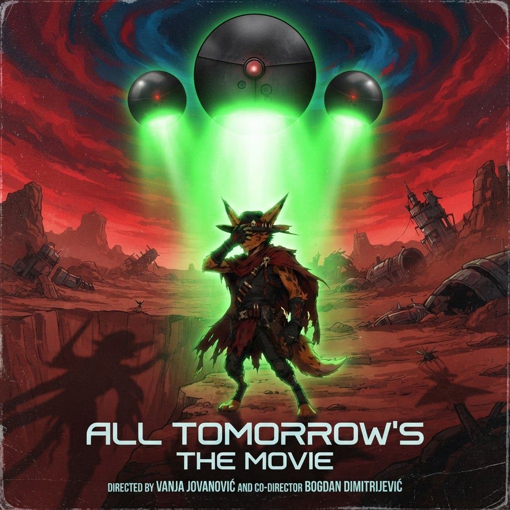 AI Design for I want to poster for a movie with this like modern sleek sci-fi text that says all tomorrow's the movie with the bug character turning the qu being in the background with a subtle dark shadow and the killer Focus the wolf character is being blinded by a green light or aura by three of the large spherical mechanical balls named gravitols whether only three of them and in the setting we are in it's like this red brown Mars planet like orange too and I have like a lot of fallen machines and stuff like that with like a red sky with some blue and black details and the Shadow and the corner and it's very cool and it's directed by Vanja Jovanović amd co-director Bogdan Dimitrijević make the three sphere gravitols the largest one in the middle and then the two smaller ones on the side they're going to be on top of the screen because it's like a nine by 16 ratio in dimensions with the guy being blinded and the alien which would kind of be like a black shadow blending in in the corner