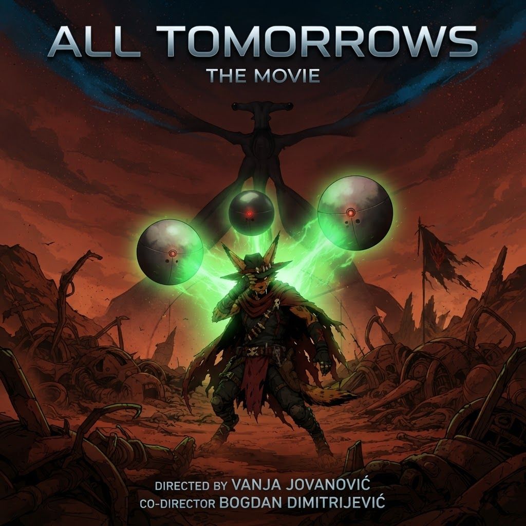 AI Design for I want to poster for a movie with this like modern sleek sci-fi text that says all tomorrow's the movie with the bug character turning the qu being in the background with a subtle dark shadow and the killer Focus the wolf character is being blinded by a green light or aura by three of the large spherical mechanical balls named gravitols whether only three of them and in the setting we are in it's like this red brown Mars planet like orange too and I have like a lot of fallen machines and stuff like that with like a red sky with some blue and black details and the Shadow and the corner and it's very cool and it's directed by Vanja Jovanović amd co-director Bogdan Dimitrijević
