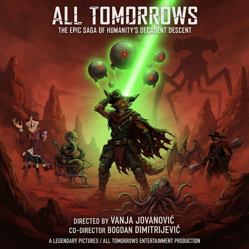 AI Design for Design a futuristic sci-fi movie poster with the wolf character in the center looking above being blinded by a green light which is being showed by the mechanical balls with the red eyes and they're giving off a Green Glow on this sci-fi war red Mars like planet and then all the characters by the side and then the queue the the bug villain looking thing is kind of being represented by via shadow but it's visible yet slightly hinting towards the bigger picture and with like sci-fi text it's all tomorrow's the movie subtitle you know like the movie is like the subtitle and the movie is made by like the director is Vanja Jovanović and co-director Bogdan Dimitrijević