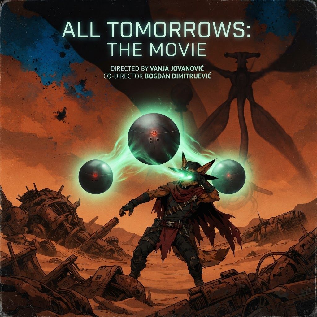 AI Design for I want to poster for a movie with this like modern sleek sci-fi text that says all tomorrow's the movie with the bug character turning the qu being in the background with a subtle dark shadow and the killer Focus the wolf character is being blinded by a green light or aura by three of the large spherical mechanical balls named gravitols whether only three of them and in the setting we are in it's like this red brown Mars planet like orange too and I have like a lot of fallen machines and stuff like that with like a red sky with some blue and black details and the Shadow and the corner and it's very cool and it's directed by Vanja Jovanović amd co-director Bogdan Dimitrijević