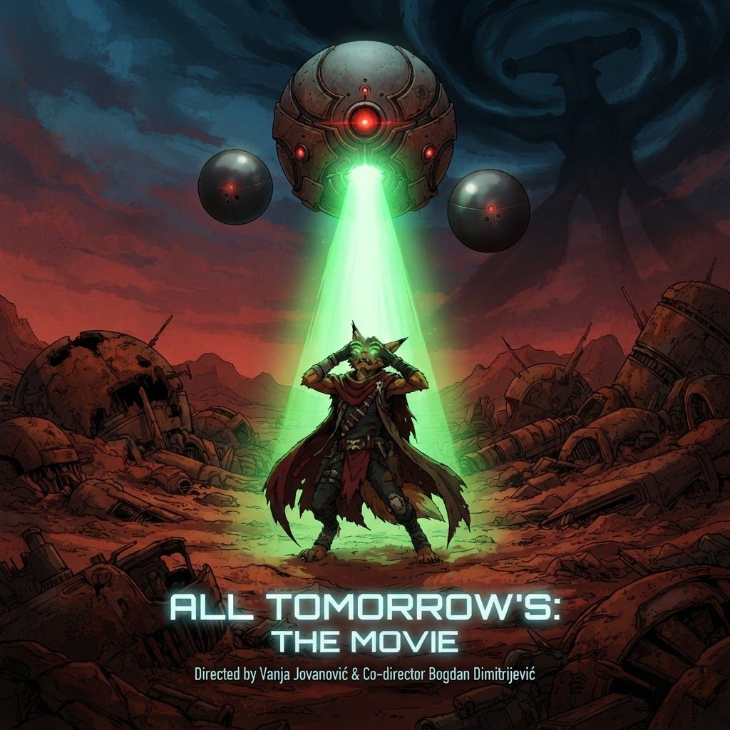 AI Design for I want to poster for a movie with this like modern sleek sci-fi text that says all tomorrow's the movie with the bug character turning the qu being in the background with a subtle dark shadow and the killer Focus the wolf character is being blinded by a green light or aura by three of the large spherical mechanical balls named gravitols whether only three of them and in the setting we are in it's like this red brown Mars planet like orange too and I have like a lot of fallen machines and stuff like that with like a red sky with some blue and black details and the Shadow and the corner and it's very cool and it's directed by Vanja Jovanović amd co-director Bogdan Dimitrijević make the three sphere gravitols the largest one in the middle and then the two smaller ones on the side they're going to be on top of the screen because it's like a nine by 16 ratio in dimensions with the guy being blinded and the alien which would kind of be like a black shadow blending in in the corner
