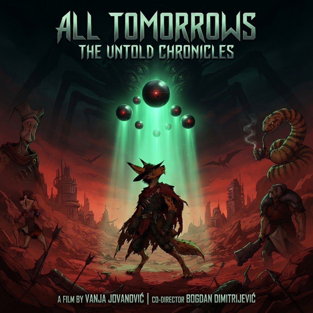AI Design for Design a futuristic sci-fi movie poster with the wolf character in the center looking above being blinded by a green light which is being showed by the mechanical balls with the red eyes and they're giving off a Green Glow on this sci-fi war red Mars like planet and then all the characters by the side and then the queue the the bug villain looking thing is kind of being represented by via shadow but it's visible yet slightly hinting towards the bigger picture and with like sci-fi text it's all tomorrow's the movie subtitle you know like the movie is like the subtitle and the movie is made by like the director is Vanja Jovanović and co-director Bogdan Dimitrijević