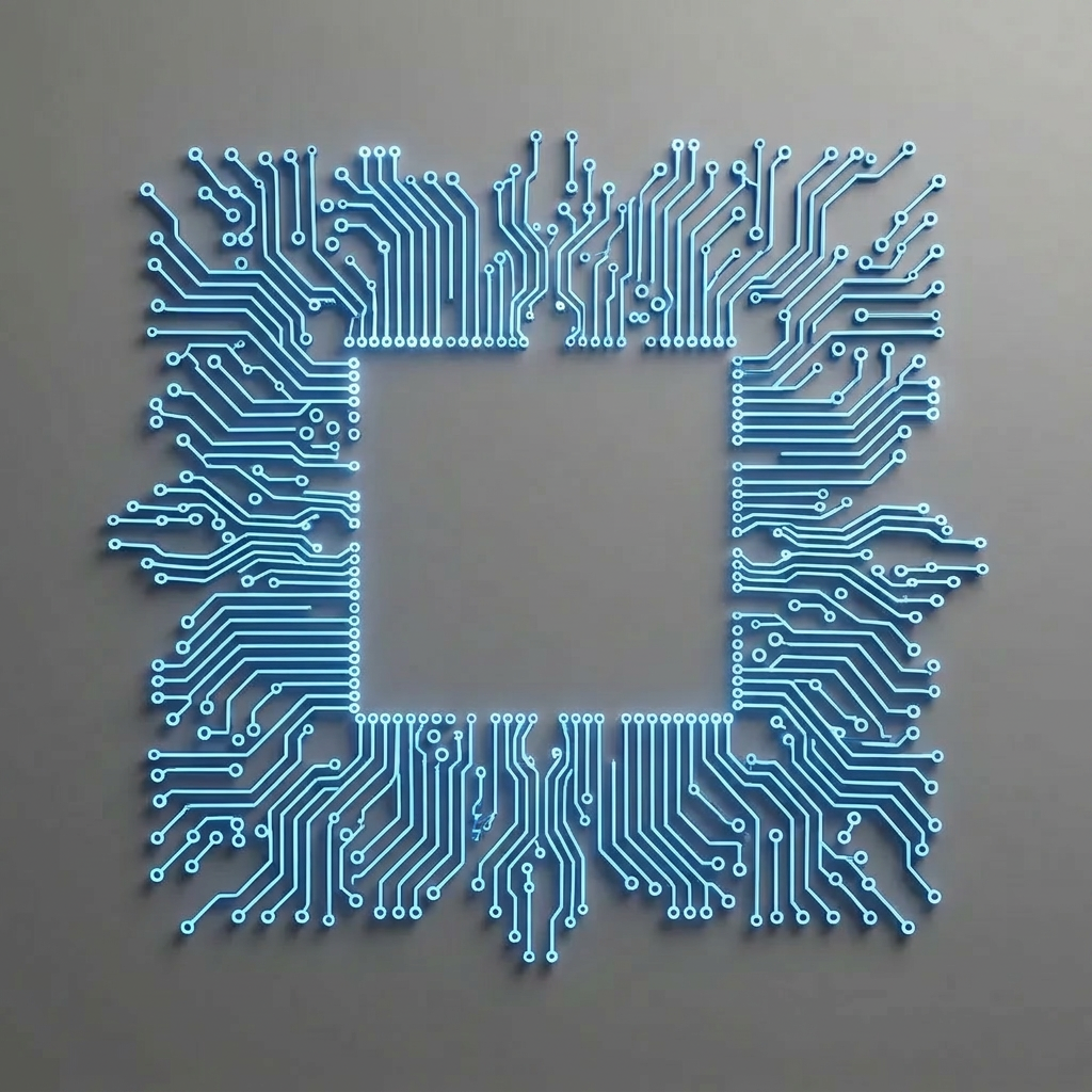 AI Design for A top-down, minimalist design featuring intricate, glowing circuit tracks rendered in a vibrant, electric blue. The design emphasizes negative space with clean, precise lines and a sleek, matte finish, set against a neutral, seamless background. The composition is captured with soft, diffused studio lighting that adds subtle depth and dimension to the metallic texture of the circuits.