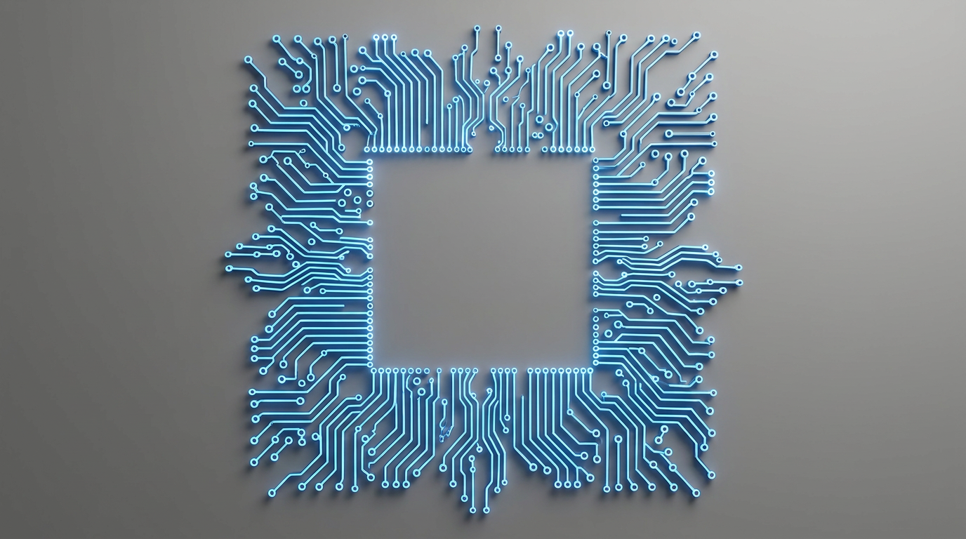AI Design for A top-down, minimalist composition featuring intricate, wide glowing circuit tracks in vibrant electric blue, rendered with precise, clean lines. The design utilizes significant negative space against a seamless, neutral matte background to emphasize the sleek metallic texture, captured in full frame with soft, diffused studio lighting that creates subtle depth and dimension.